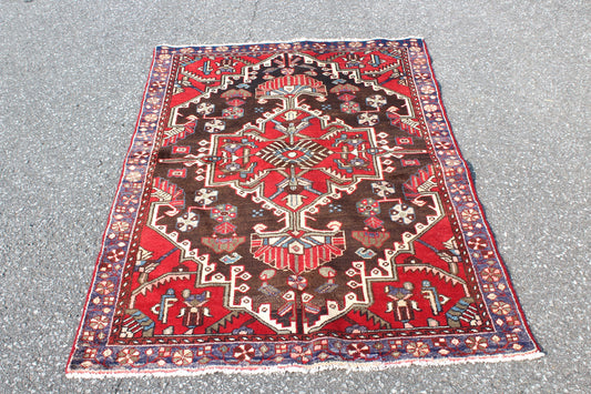 Vintage Red Rug 3'6" x 5'1" with Brown Background Blue Border
