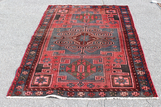 Red Blue 4x7 Vintage Tribal Wool Area Rug