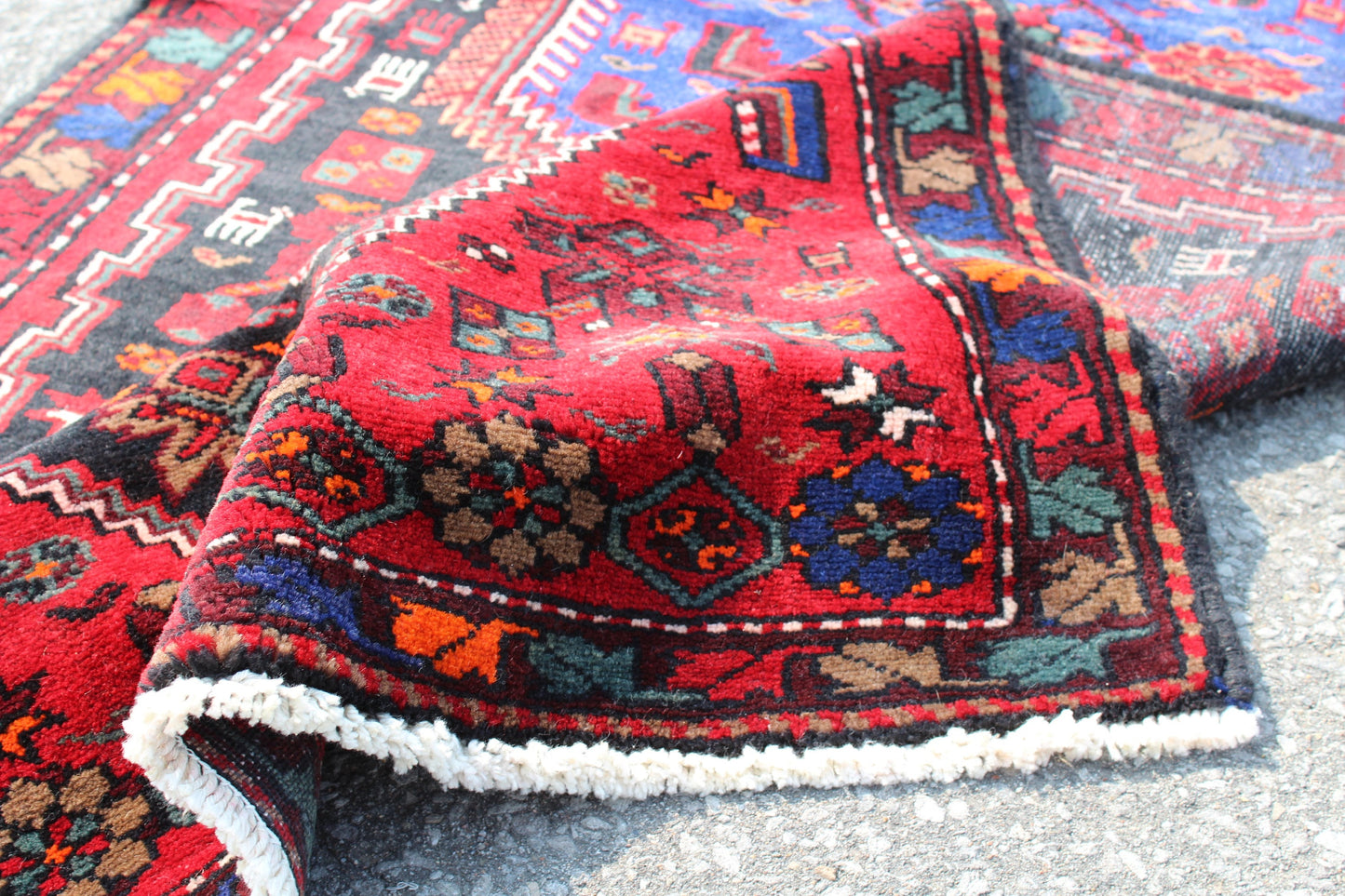 Red Black 3x7 Vintage Hand Knotted Rug