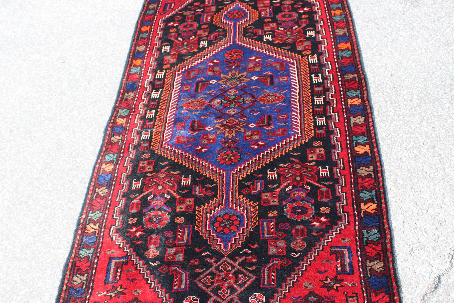 Red Black 3x7 Vintage Hand Knotted Rug