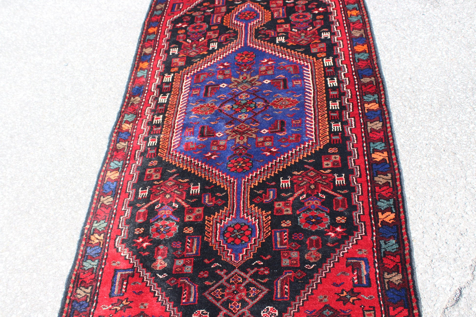 Red Black 3x7 Vintage Hand Knotted Rug