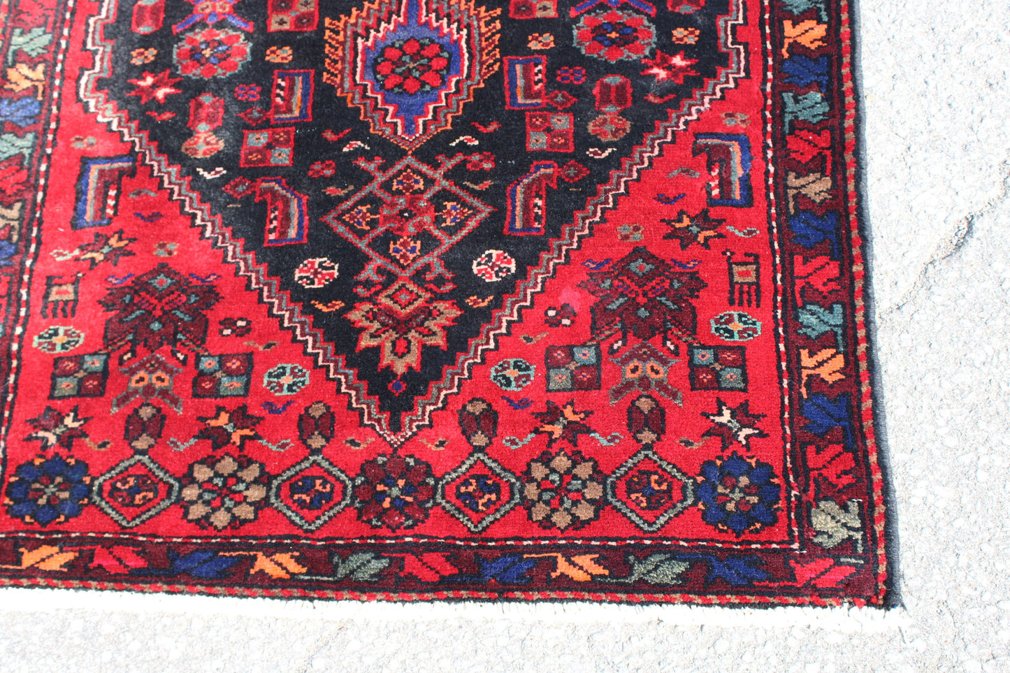 Red Black 3x7 Vintage Hand Knotted Rug