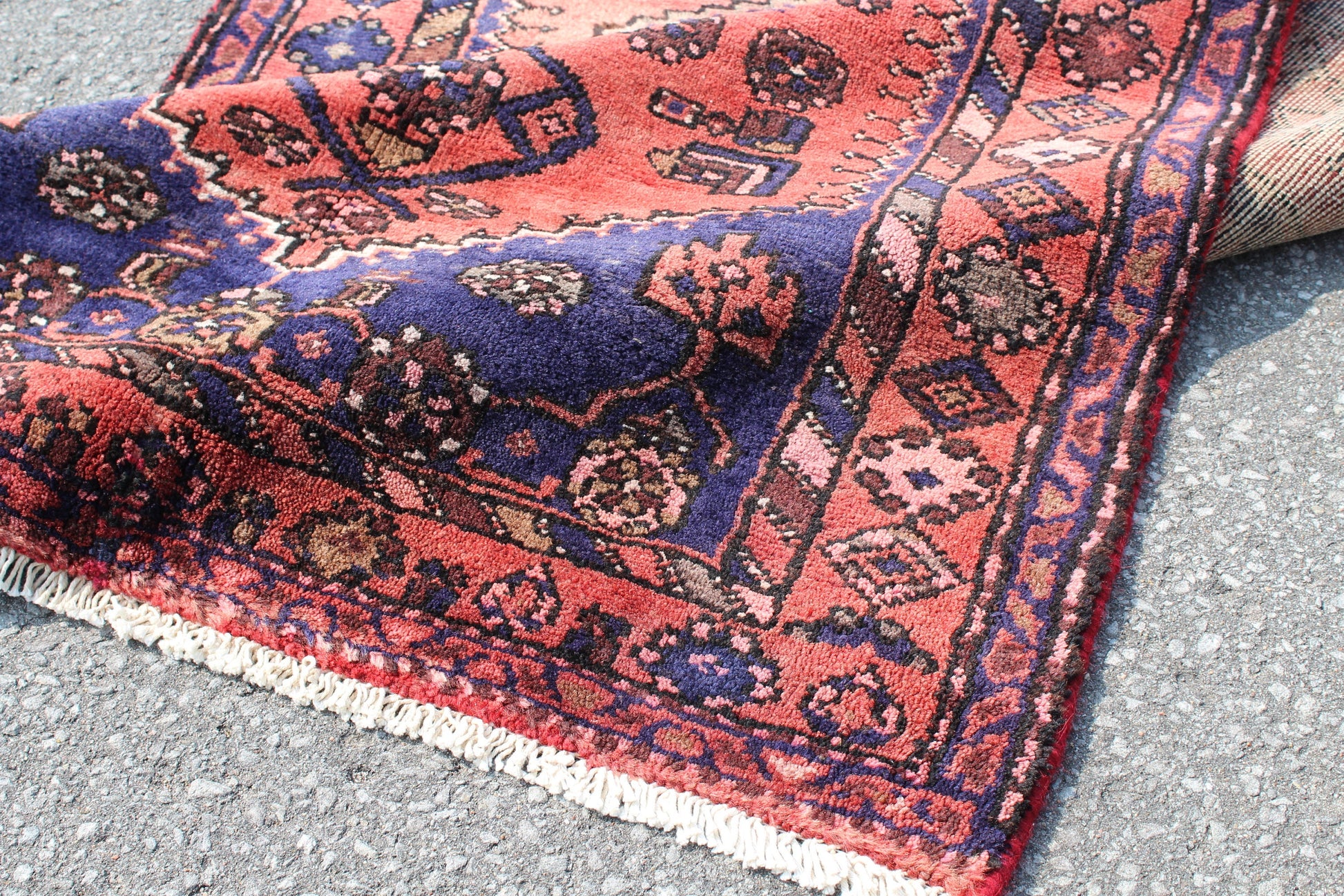 Dark Pink Blue 3x6 Handmade Wool Area Rug | Turkish Tribal Geometric