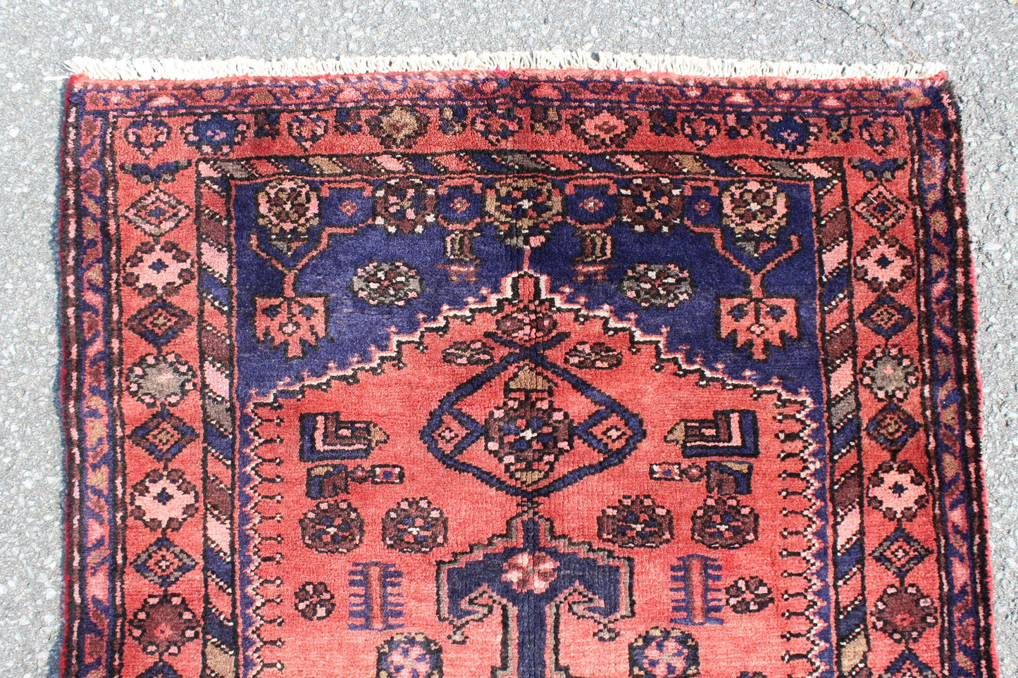 Dark Pink Blue 3x6 Handmade Wool Area Rug | Turkish Tribal Geometric