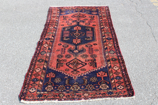 Dark Pink Blue 3x6 Handmade Wool Area Rug | Turkish Tribal Geometric