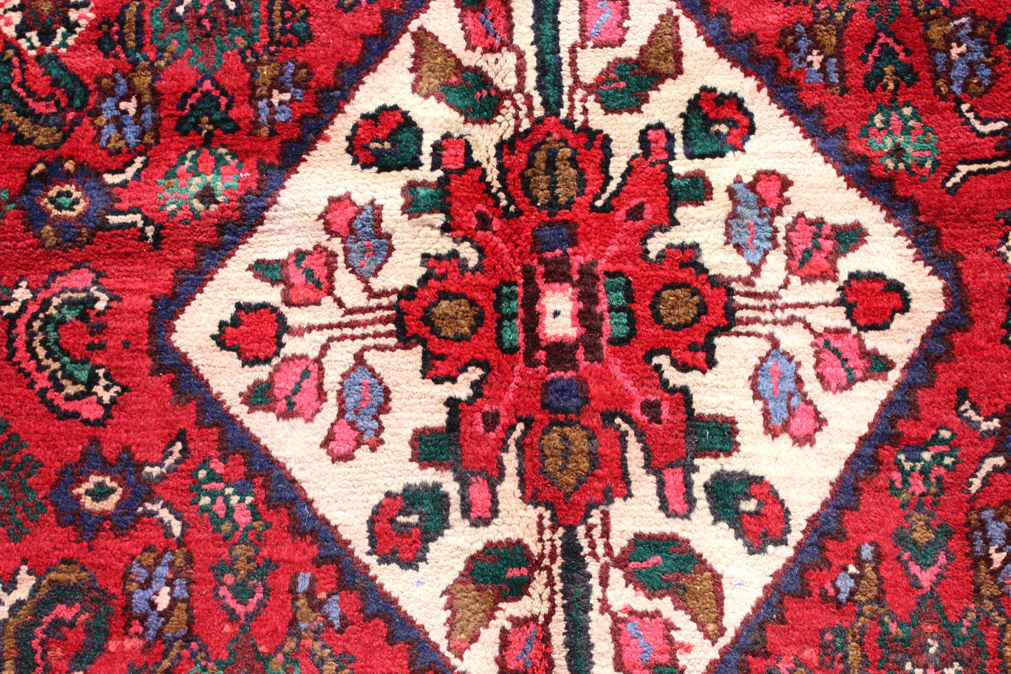 Red 7x10 Persian Style Rug with Hexagon Medallion Blue Border | Wool Handmade