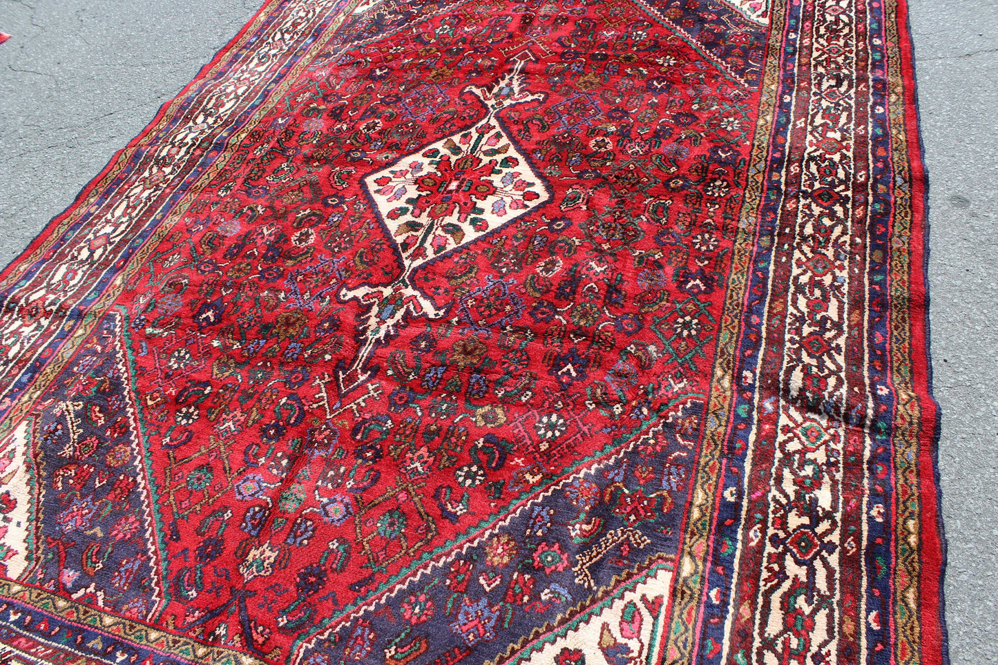 Red 7x10 Persian Style Rug with Hexagon Medallion Blue Border | Wool Handmade