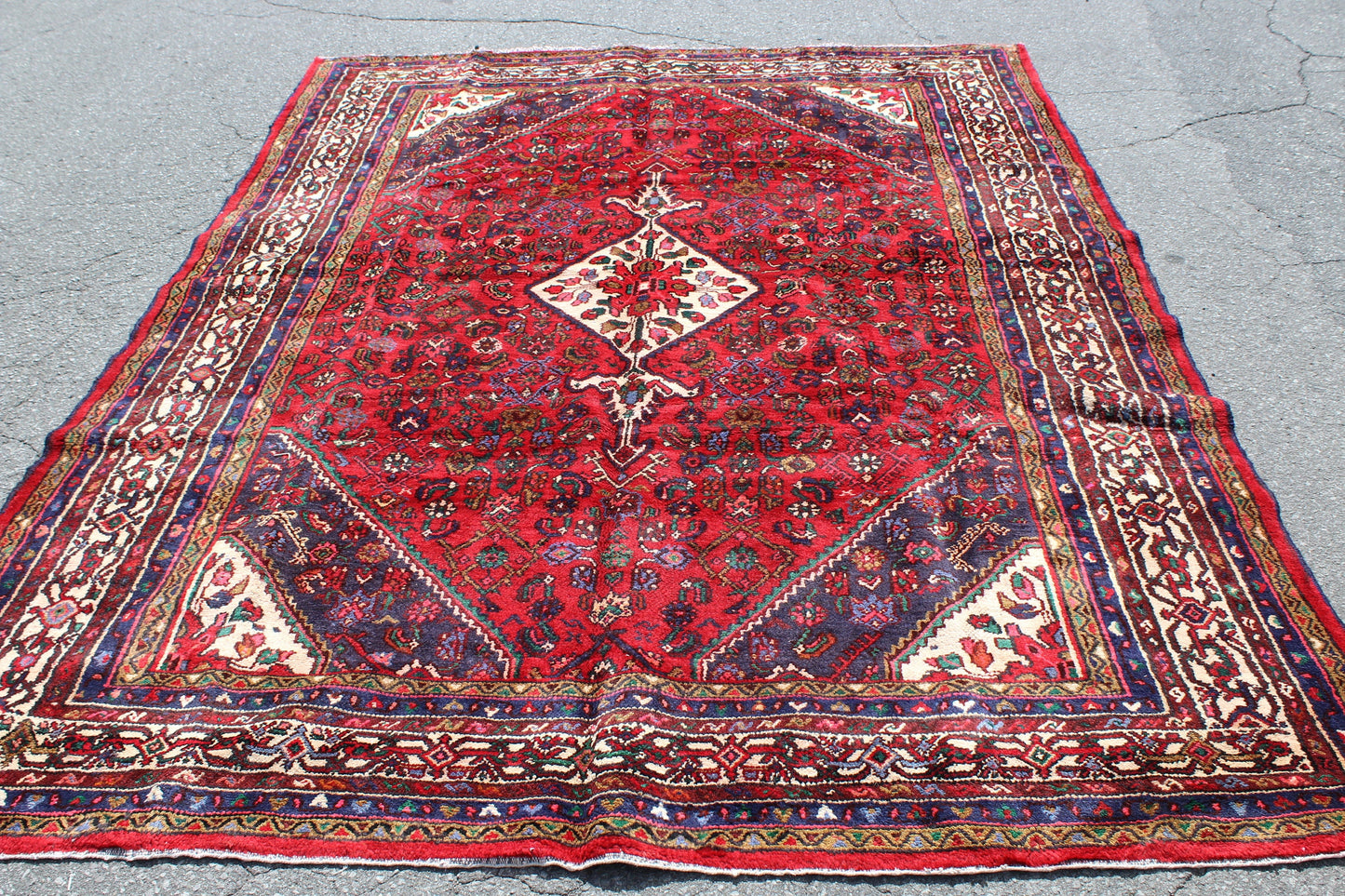 Red 7x10 Persian Style Rug with Hexagon Medallion Blue Border | Wool Handmade