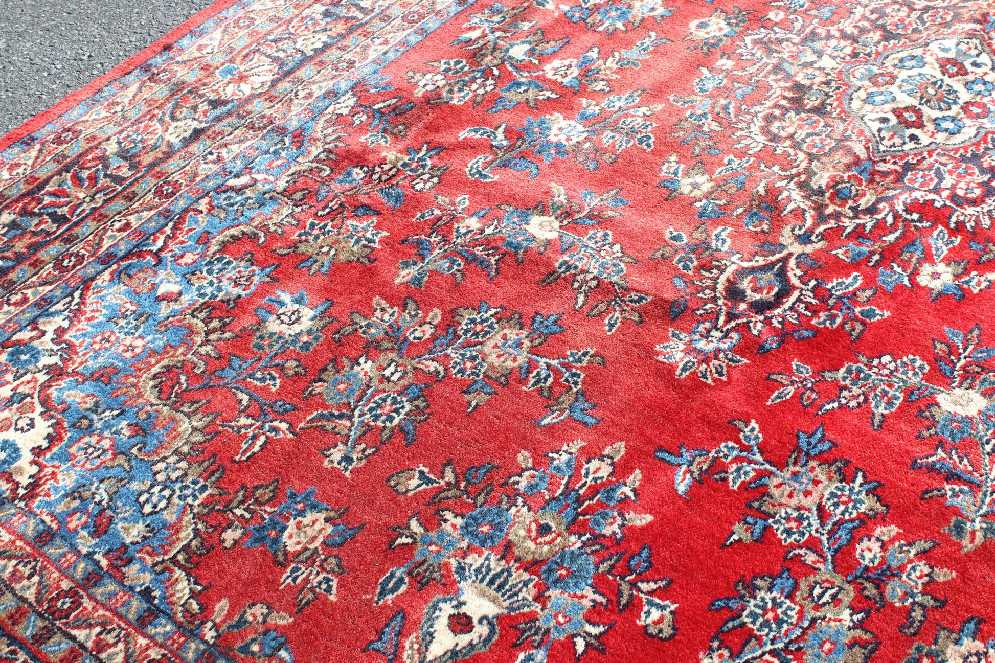 Red Oriental 7x10 Handmade Rug with Blue Borders