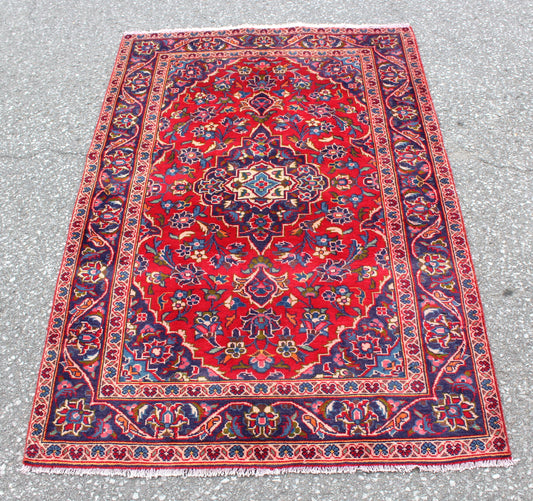 Red Oriental 3'3" x 4'9" Medallion Area rug with Blue Border