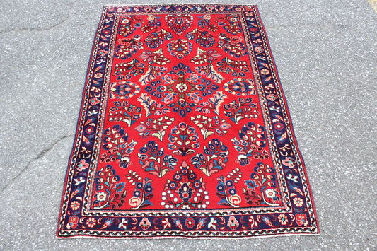 Red 4x5 Vintage Rug | Tribal Oriental Persian Rug | Kazak Bohemian Rug | Handmade Rug