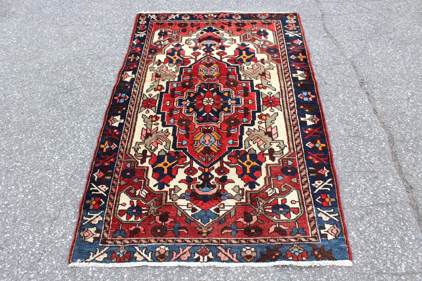 Red Blue 4x5 Vintage Rug | Tribal Oriental Persian Rug | Kazak Bohemian Rug | Handmade Rug