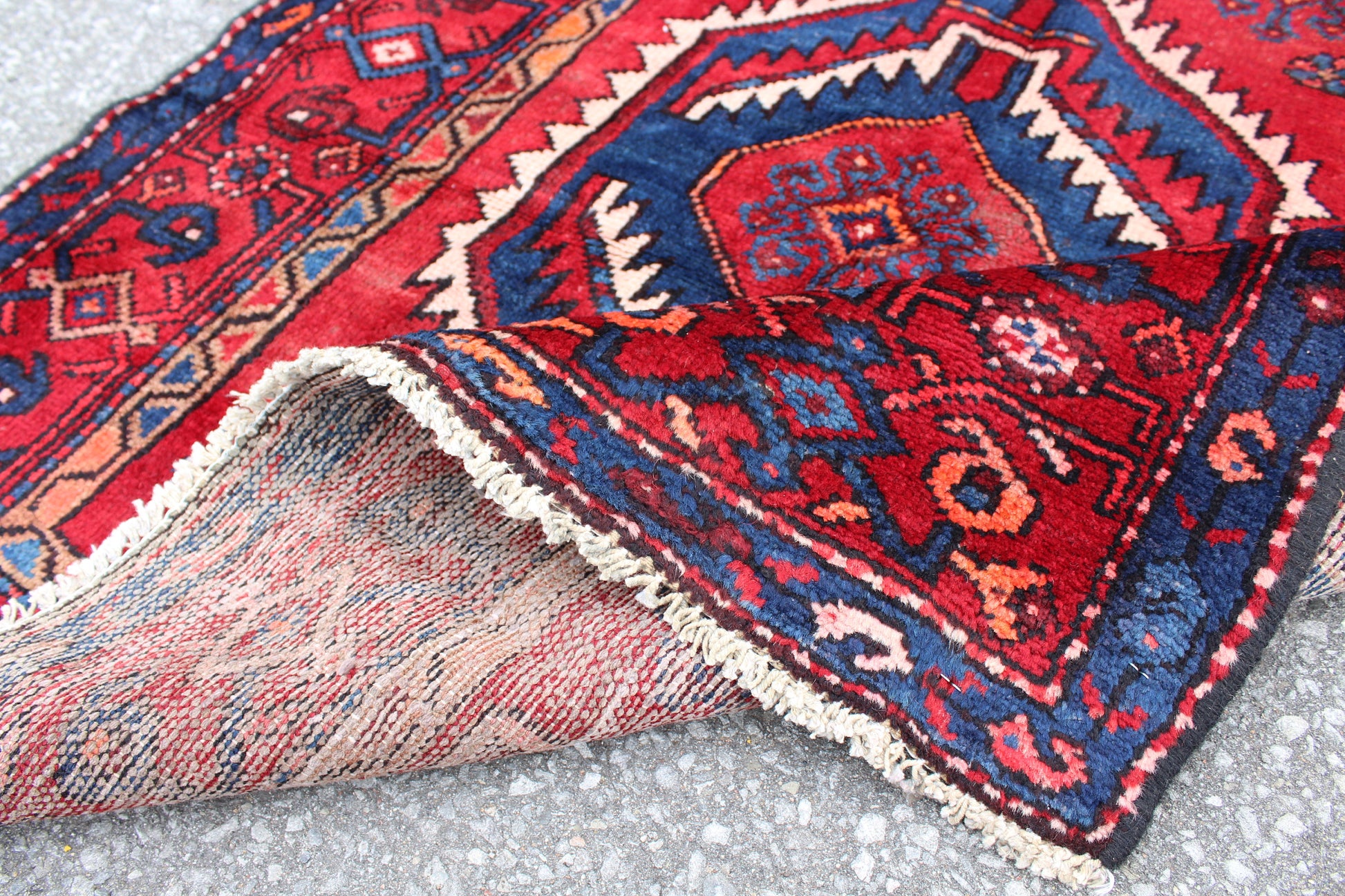 Red Blue 3x6 Vintage Runner Rug | Tribal Persian Turkish Style Rug