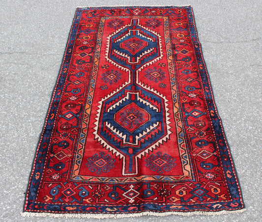 Red Blue 3x6 Vintage Runner Rug | Tribal Persian Turkish Style Rug