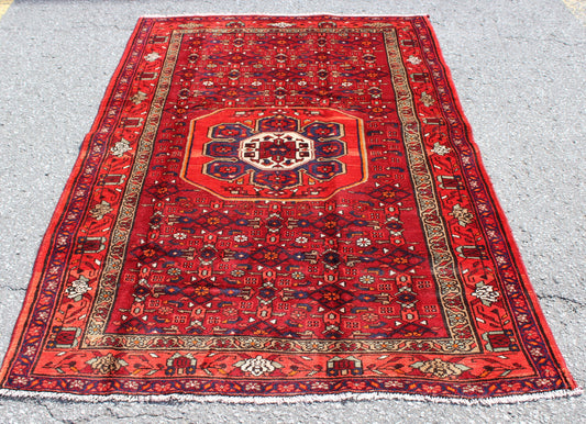 Bright Red Orange 4x7 Tribal Vintage Rug with Olive Green Border